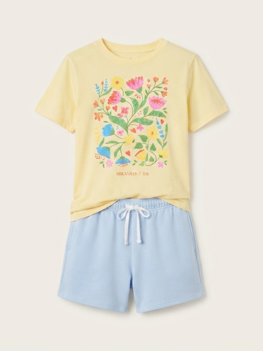 State of Mind Yellow Floral Short Sleeve Pajama Top with Light Blue Shorts